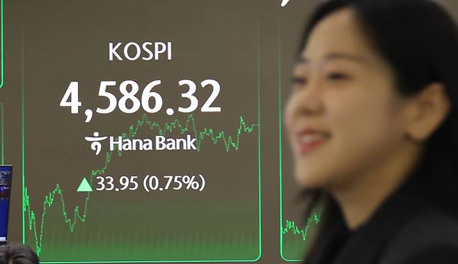 9일 서울 중구 하나은행 본점에서 직원이 코스피 지수를 보며 환한 웃음을 짓고 있다. 이날 코스피는 장중 상승 전환해 4,580대로 올라서며 또 역대 최고치를 경신했다. 전장보다 33.95포인트(0.75%) 오른 4,586.32에 장을 마치며 6거래일 연속 사상 최고치를 경신했다.  [연합뉴스]