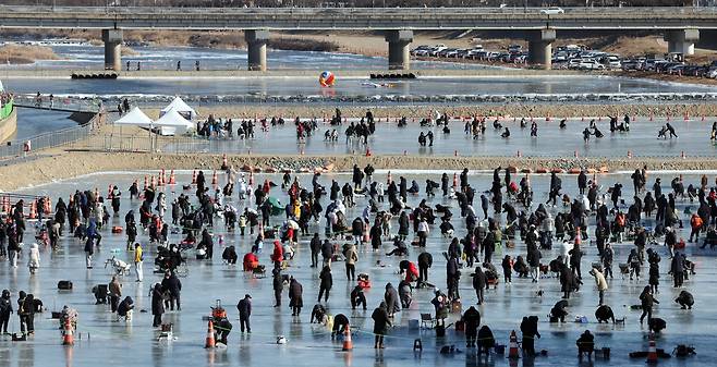 홍천강 꽁꽁축제 사흘째를 맞은 11일 인파 [촬영 이상학]