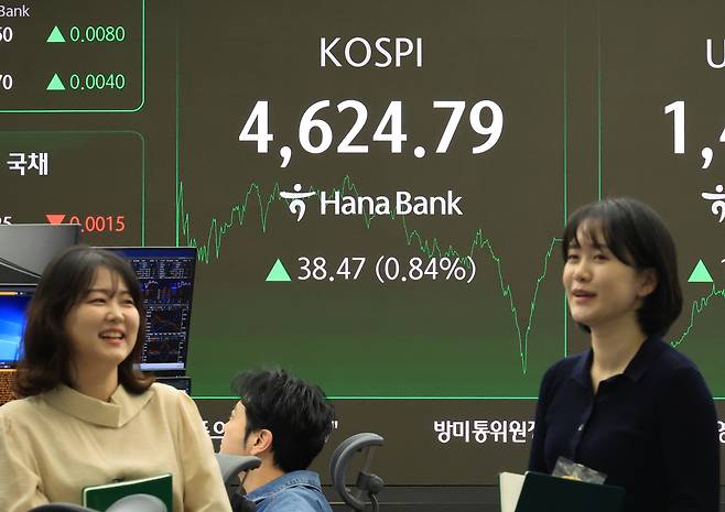 The Kospi is seen at 4,624.79 points on an electric board in Hana Bank's trading room in Jung District, central Seoul, on Jan. 12, up 38.47 points, or 0.84 percent, from the previous trading session. [YONHAP]