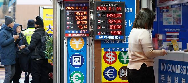 Customers at a currency exchange in Jung District, central Seoul, are seen on Jan. 7. [NEWS1]