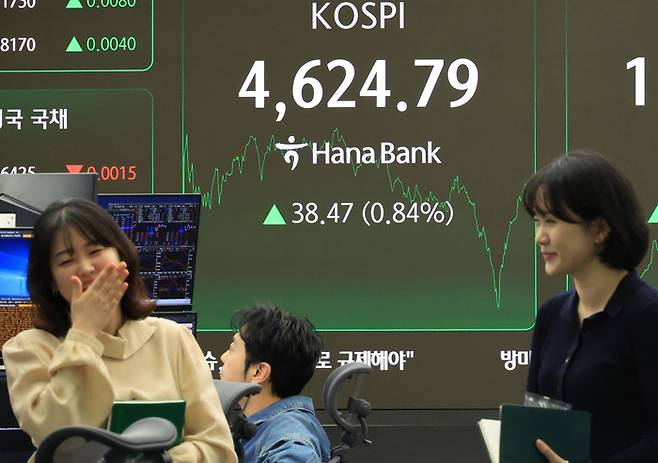 12일 서울 중구 하나은행 본점 딜링룸에서 직원이 환하게 웃고 있다. [연합뉴스]