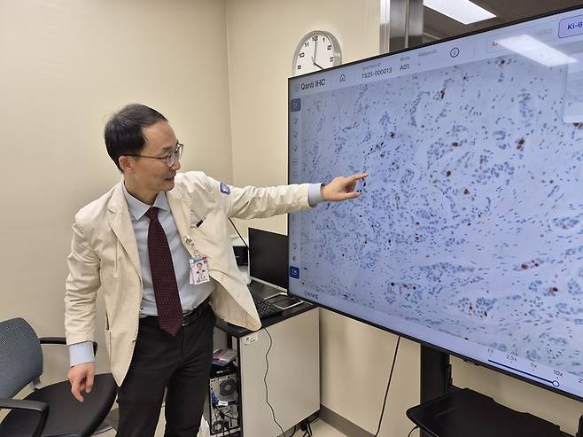 정찬권 서울성모병원 병리과 교수가 모니터 속 붉게 염색된 유방암 조직 이미지를 가리키고 있다. 숙련된 의사의 경험적 직관이 AI의 정밀한 데이터와 만나, 이전에는 보이지 않던 전이의 단서까지 찾아내는 시대다. [서울성모병원]