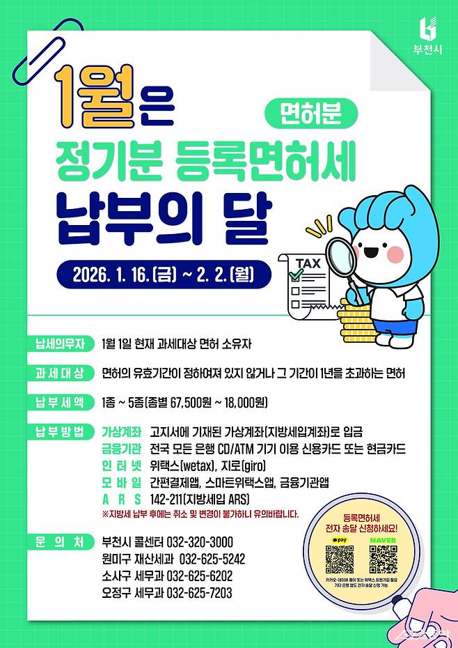 부천시는 2026년 1월 정기분 등록면허세(면허분) 9만 1천 건, 총 30억 원을 부과했다(포스터). 사진제공|부천시