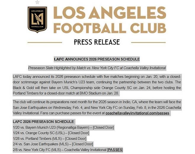 (2026 프리시즌 일정을 소개한 LAFC 보도자료)