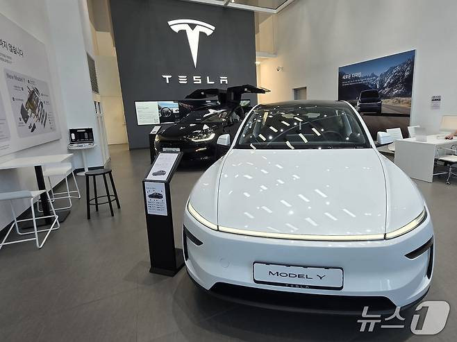 11일 오전 서울 영등포구 소재 테슬라 여의도 스토어에 중형 전기 SUV '모델Y'(앞)와 준대형 전기 SUV '모델X'가 전시된 모습. 2026.01.11/뉴스1 김성식 기자
