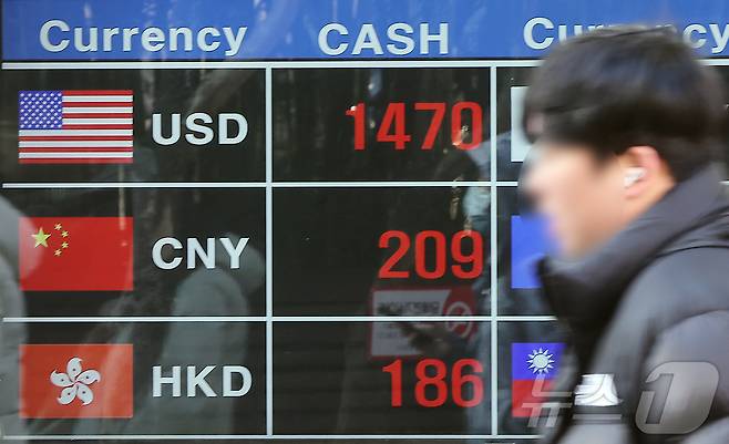 외환당국의 개입에도 불구하고 원·달러 환율이 다시 상승세를 보였다. 13일 오전 환율은 1472.9원으로 장중 1470원을 돌파했다. 엔화 약세, 지정학적 리스크(이란·그린란드·베네수엘라 이슈), 국내 투자자들의 해외주식 매수 확대가 원화 약세를 부추기는 요인으로 꼽힌다. 사진은 이날 서울 중구 명동 환전소 전광판에 나오는 원·달러 환율 시세. 2026.1.13/뉴스1 ⓒ News1 김진환 기자