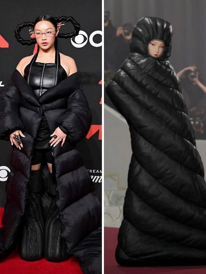 MTV 비디오 뮤직 어워즈(VMAs)에서 호세 페온(Jose Peon)의 푸퍼 코트, 604서비스(604service)의 톱, 홍리(Hongleey)의 스커트, 젠틀 몬스터의 안경으로 ‘케이팝 데몬 헌터스’ 속 미라의 침낭 드레스 룩을 연출했다. @audreynuna