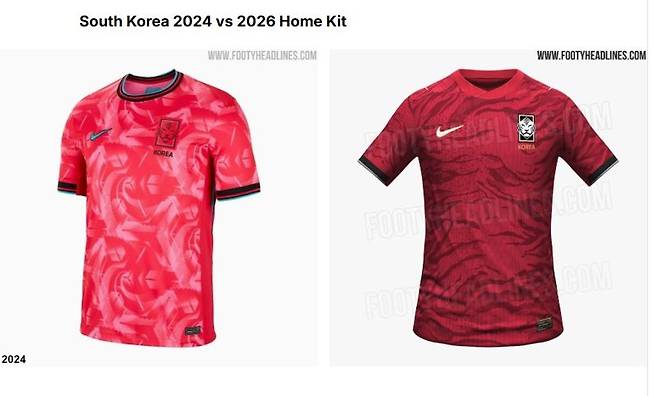 현재 국가대표 유니폼과 새로 바뀔 예정인 국가대표 유니폼. 색깔이 훨신 진해진 글로벌 레드와 호랑이 가죽을 상징하는 무늬의 변화가 크게 눈에 띈다.푸티헤드라인