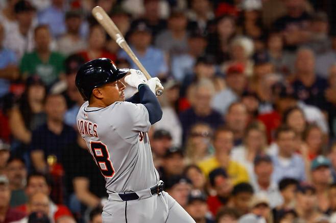 한국계 빅리거로 주목받는 디트로이트 외야수 저마이 존스의 타격 모습. [AP=연합뉴스]