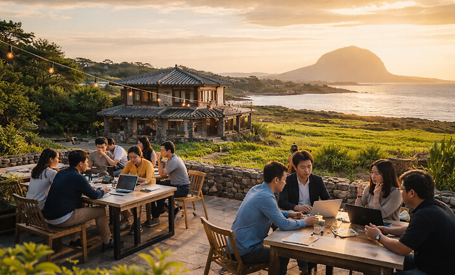 워케이션 참가자드이 제주 자연 속에서 업무와 회의를 병행하는 이미지.