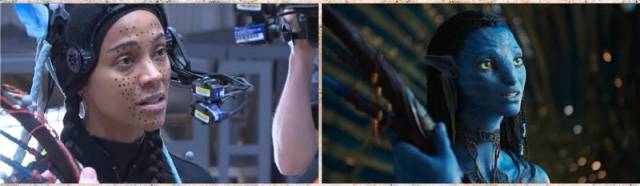 배우 조 샐다나가 신경망을 활용한 퍼포먼스 캡처 기술을 통해 ‘아바타: 불과 재’의 캐릭터 네이티리의 표정을 연기하고 있다(왼쪽 사진). 제작진은 이 기술로 배우의 미세한 표정 변화까지 캐릭터에 섬세하게 담아냈다(오른쪽 사진). 사진 제공=월트 디즈니 코리아