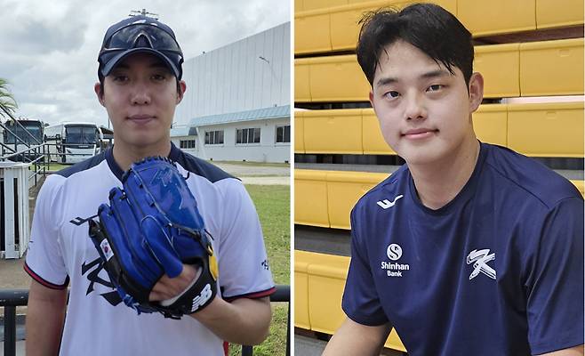 WBC 대표팀 (왼쪽부터)원태인과 문동주가 11일 사이판 올레아이 구장에서 인터뷰하고 있다. 사이판 | 심진용 기자