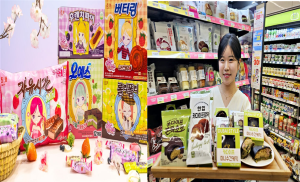 해태제과 아바타스타 슈 컬렉션 5종(왼쪽)과 CU 두바이 콘셉트 디자트 신상품./사진=각 사 제공