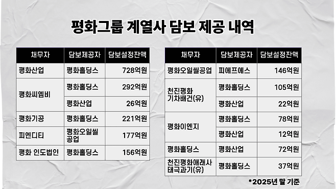 평화홀딩스 계열사 담보 제공 내역/자료=금융감독원 전자공시시스템, 그래픽=황민영 기자