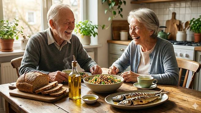 장수 노인들은 섬유질, 불포화 지방, 미량 영양소가 풍부한 자연식품을 즐기는 경향이 있다｜출처: Gemini 생성