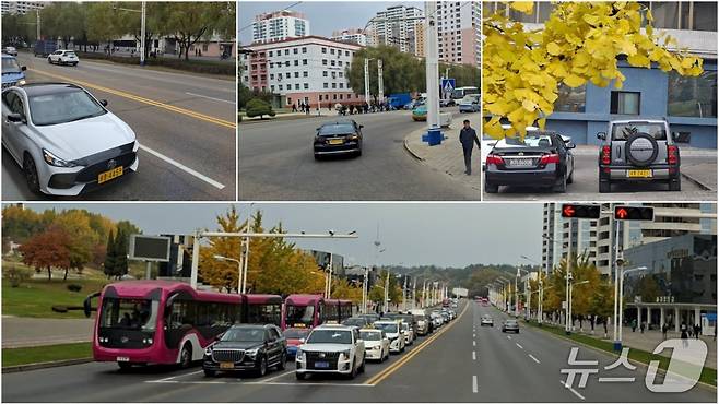 2025년 평양시에서 흔히 볼 수 있게 된 자가용들. 노란색 번호판을 단 승용차가 자가용이다.(평화경제연구소 제공)