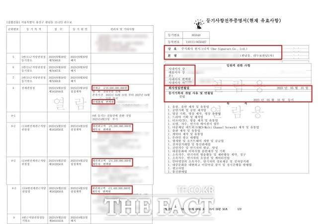 백현은 2025년 3월 차가원의 라누보 1차에 160억 원에 전세(왼쪽)로 들어간다. 그에 앞서 원시그니처가 해당 세대에 약 130억 원의 근저당을 설정했는데 원시그니처는 백현과 관련 있는 회사다. /등기부등본