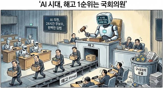 구글 제미나이 프로 3.0이 'AI 시대, 해고 1순위는 국회의원'이라는 제목에 맞게 그린 일러스트입니다.