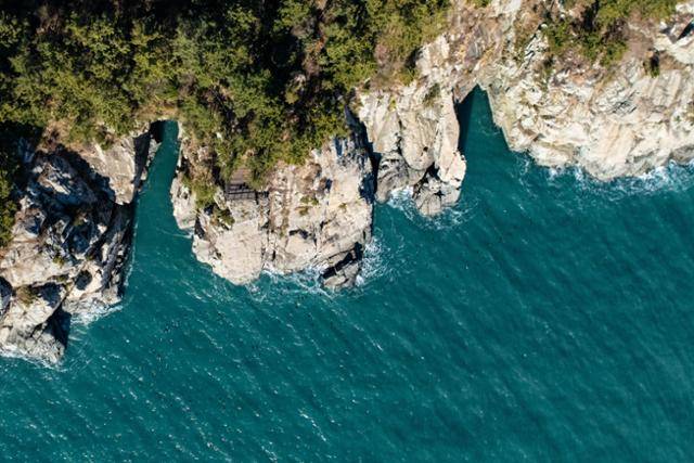 금오도 비렁길 4코스 사다리통 전망대 주위로 새떼가 날고 있다.