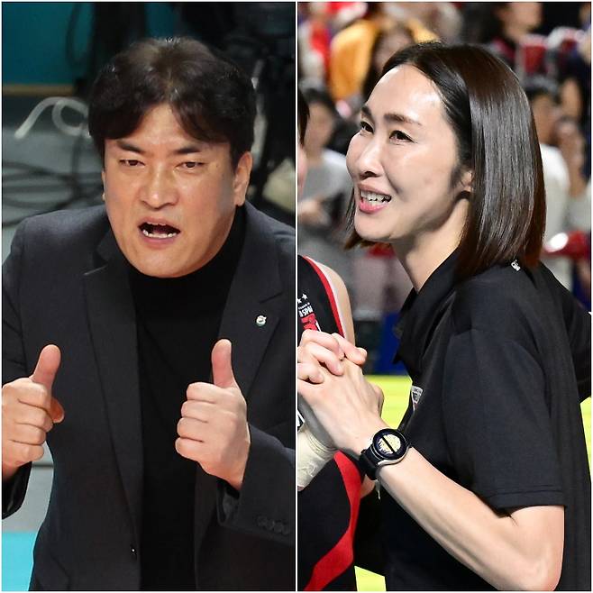 한국 여자대표팀의 차상현(왼쪽) 감독과 이숙자 코치. 사진=IS 포토, KOVO 제공