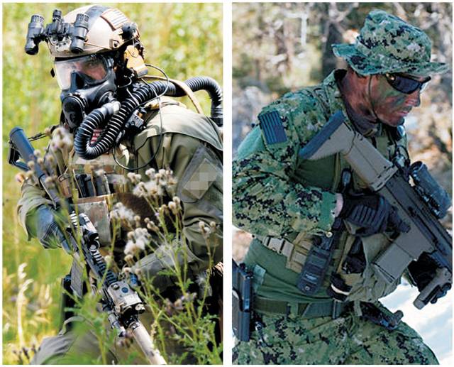 미군 내 티어2 특수부대로 분류되는 육군 그린베레 대원(왼쪽 사진)과 해군 네이비실 대원이 각종 첨단장비와 무기로 무장한 채 훈련을 받고 있는 모습. 그린베레·네이비실 홈페이지 캡처