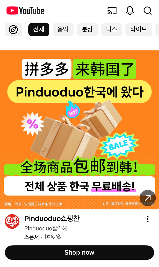 유튜브에서 진행되는 핀둬둬 광고 [유튜브 앱 갈무리]