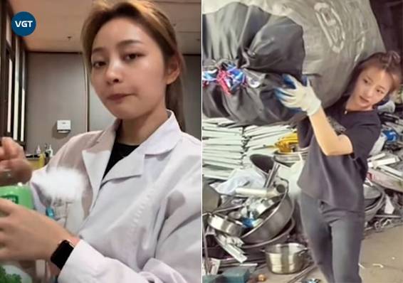 중국 쓰촨성 청두에서 낮에는 환자를 진료하고 밤에는 부업으로  쓰레기를 수거하는 여의사. [VGT TV 영상 갈무리]