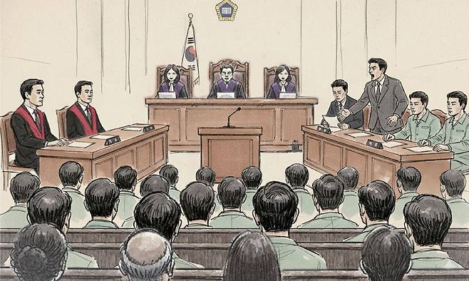 지난해 5월 서울서부지법에서 열린 난동 사태 공판에서 서부자유변호사협회 소속 A 변호사가 판사에게 언성을 높이는 모습의 삽화.