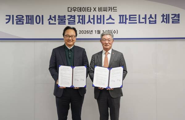 BC카드가 14일 서울 마포구 소재 다우데이타 사옥에서 다우데이타와 함께 카드 프로세싱 업무 협력을 위한 협약식을 진행했다. 사진은 최원석 BC카드 사장(오른쪽)과 김상준 다우데이타 사장./사진=BC카드 제공