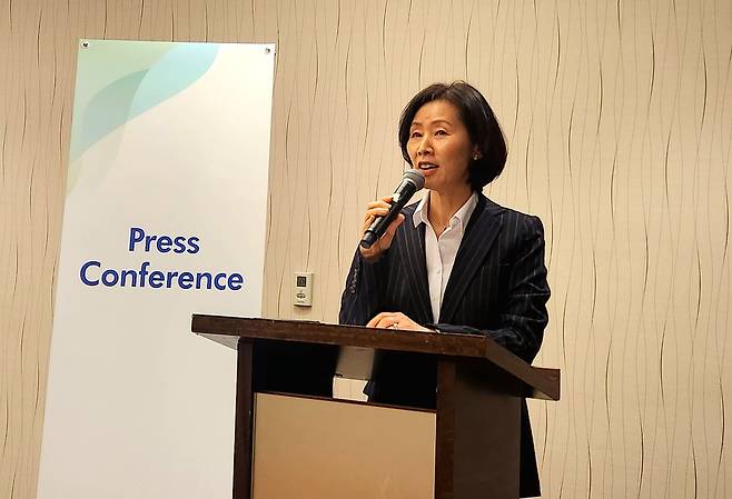 김경아 삼성에피스홀딩스 사장이 14일(현지 시각) 미국 샌프란시스코에서 열린 JP모건 헬스케어 콘퍼런스 현장에서 기자 간담회를 열고 삼성에피스홀딩스와 자회사들의 주요 사업 전략을 설명하고 있다. /허지윤 기자