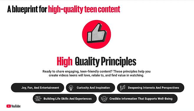 유튜브가 청소년 시청자를 대상으로 도입한 ‘고품질 콘텐츠 가이드라인(High Quality Principles)’ 개요. 청소년에게 노출되는 추천 콘텐츠를 ▲즐거움·재미 ▲호기심과 영감 ▲관심사와 관점 확장 ▲삶의 기술과 경험 ▲웰빙을 뒷받침하는 신뢰 가능한 정보 등 원칙에 따라 선별해 추천 알고리즘에 반영한다./구글 제공