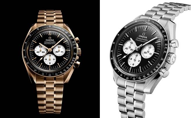 소재만 다를 뿐 기능을 동일한 스피드마스터 문워치 2종. 오메가 자체 개발 합금인 문샤인 골드는 변색에 강하면서도 따뜻한 색감이 특징이다. 사진 오메가