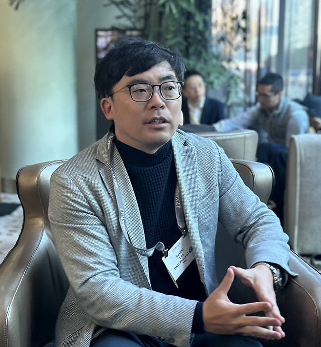 D&D Pharmatech CEO Lee Seul-ki speaks in an interview on the sidelines of the 44th JPMorgan Healthcare Conference in San Francisco on Wednesday. (Kan Hyeong-woo/The Korea Herald)