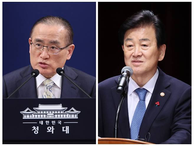 Wi Sung-lac, national security adviser (left), and Chung Dong-young, unification minister.  Wi briefs the press on President Lee Jae Myung's  visit to Japan at the presidential office in Seoul on Jan. 9. Chung delivers a New Year’s address at the Ministry of Unification’s ceremony held at the Government Complex Seoul on Jan. 2. (Yonhap)