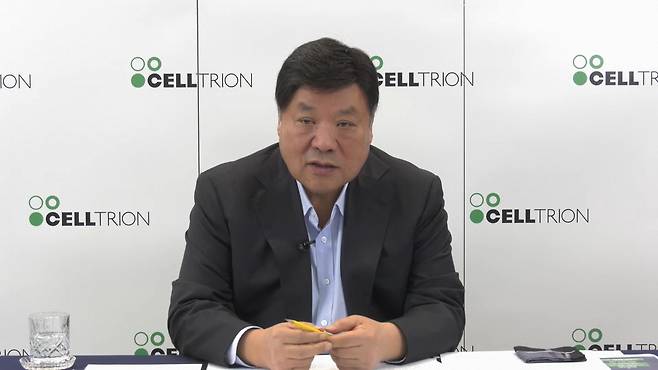 Celltrion Chairman Seo Jung-jin speaks at an online press conference to explain about Branchburg plant acquisition from Eil Lilly on Sept. 23, 2025. [SCREEN CAPTURE]