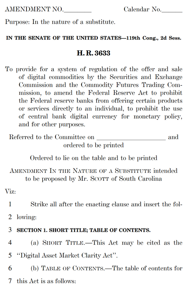 미 상원에 상정된 ‘디지털 자산 시장 명확성 법안(Digital Asset Market Clarity Act)’ 초안. 총 278페이지에 달하는 이 법안은 증권과 상품의 경계를 명확히 하겠다는 취지로 발의됐으나, 스테이블코인 보상 금지와 디파이 규제 강화 내용이 포함되면서 가상자산 업계의 거센 저항에 직면했다. [출처=미국 상원]