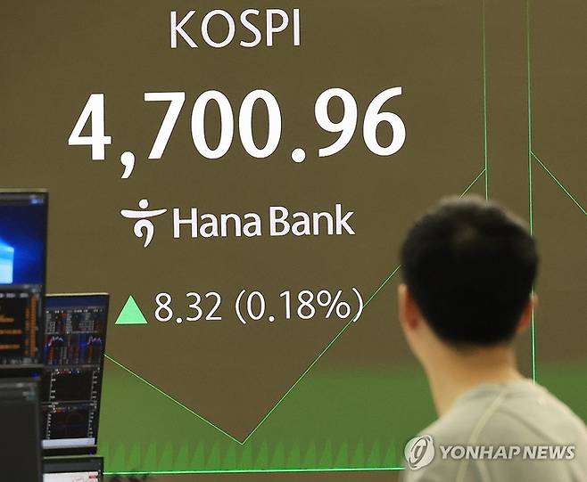 14일 서울 중구 하나은행 본점 딜링룸에서 직원이 증시와 환율을 모니터하고 있다. 코스피는이날 장중 사상 첫 4700선을 돌파했다. [연합뉴스]