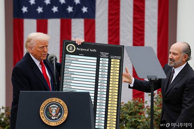 도널드 트럼프 미국 대통령이 지난해 4월2일(현지시간) 워싱턴DC 백악관 로즈가든에서 열린 '미국을 다시 부유하게' 행사에서 상호관세를 발표하는 행정명령 서명식 중 하워드 러트닉 상무부 장관과 상호 관세율 차트를 들고 설명하고 있다. /워싱턴DC 로이터=뉴스1