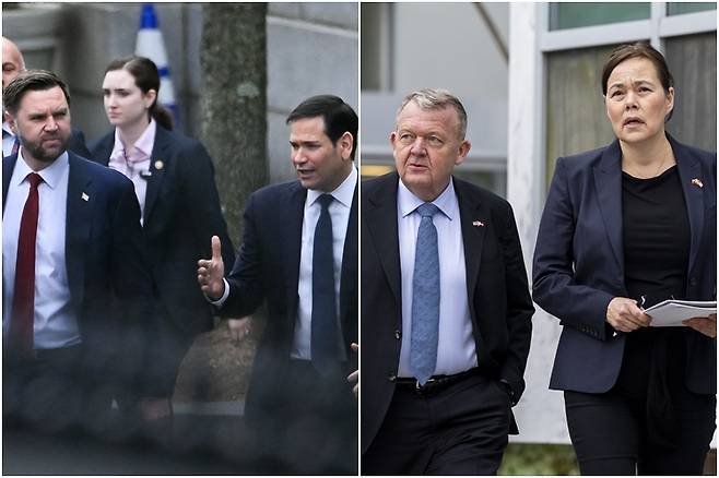 그린란드 문제 논의 위해 만난 미국과 덴마크·그린란드 그린란드 문제 논의 위해 만난 미국과 덴마크·그린란드. 왼쪽부터 미국 측 JD 밴스 부통령, 마코 루비오 국무장관, 라르스 뢰케 라스무센 덴마크 외무장관, 비비안 모츠펠트 그린란드 외무장관. [AFP·EPA=연합뉴스. 재판매 및 DB 금지]