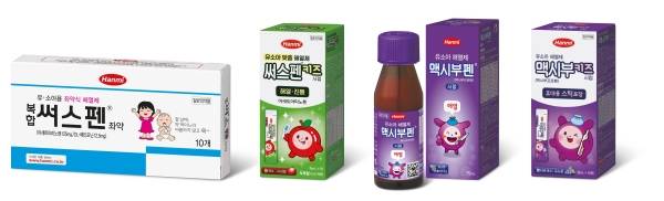 한미약품의 유소아 해열진통제 라인업. (사진 왼쪽부터) 복합써스펜좌약, 써스펜키즈시럽, 맥시부펜시럽, 맥시부키즈시럽./사진=한미약품