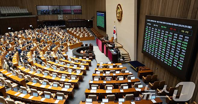 16일 서울 여의도 국회에서 열린 제431회 국회(임시회) 제1차 본회의에서 윤석열·김건희에 의한 내란·외환 및 국정농단 행위의 진상규명을 위한 특별검사 임명 등에 관한 법률안(2차 종합 특검법)이 재석 174인 중 찬성 172인, 반대 2인으로 가결되고 있다. 2026.1.16/뉴스1 ⓒ News1 유승관 기자