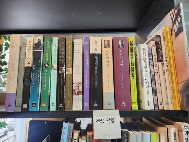 '최재천의 자연글방' 서가 한편을 차지하고 있는 제인 구달 관련서들. 최재천 명예교수가 친필로 '제인 구달'이라고 쓴 포스트잇이 붙어 있다. 권영은 기자