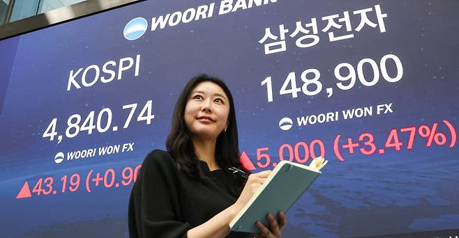코스피가 사상 처음으로 4,800대에서 장을 마친 16일 서울 중구 우리은행 본점 딜링룸 현황판에 종가가 표시되고 있다. 코스피는 지수는 전장 대비 23.11포인트(0.48%) 오른 4,820.66으로 출발해 한때 4,855.61까지 오르며 장중과 종가 모두 사상 최고치를 경신했다. 코스닥은 3.43포인트(0.36%) 오른 954.59에 장을 마쳤다. 사진=임형택기자