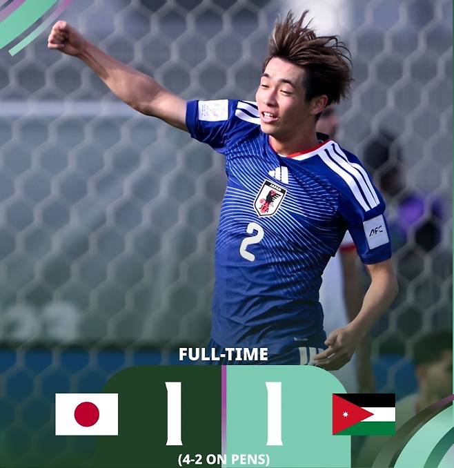 일본 23세 이하(U-23) 축구 국가대표팀은 14일(한국시간) 사우디아라비아 제다에 위치한 킹 압둘라 스포츠 시티에서 열린 요르단과의 2026 아시아축구연맹(AFC) U-23 아시안컵 조별리그 8강전에서 120분 혈투 끝에 승부차기에서 4-2 진땀승을 거뒀다. 일본은 요르단과 연장전을 포함해 120분 경기를 펼쳤지만 1-1로 비기면서 승부차기에 돌입했고, 승부차기에서&nbsp;아라키 루이 골키퍼가 두 번이나 선방하면서 준결승행 티켓을 거머쥐었다. AFC