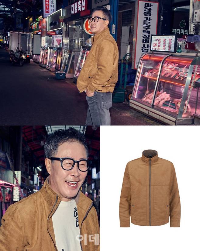 임성근 셰프가 올젠 스웨이드 블루종을 착용한 모습과 상품 이미지 (사진=임성근 셰프 SNS·올젠 상품페이지 캡처)