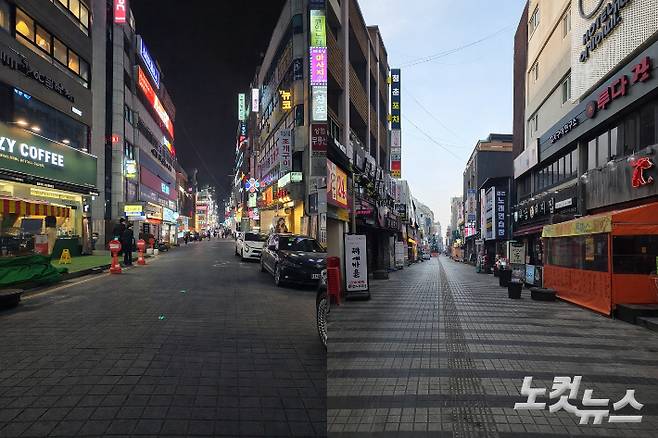 비교적 한적한 모습의 수원시 인계동 거리(왼쪽)과 안양시 안양1번가(오른쪽). 이준석 기자