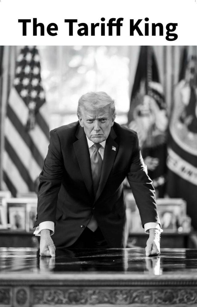 트럼프 대통령은 지난 16일(현지시간) 본인 SNS 트루스소셜에 본인이 백악관 집무실로 추정되는 장소에서 책상 위에 주먹을 올리고 정면을 응시하는 흑백 사진을 올리고, 관세 왕이라는 문구를 적었다. /트루스소셜 갈무리