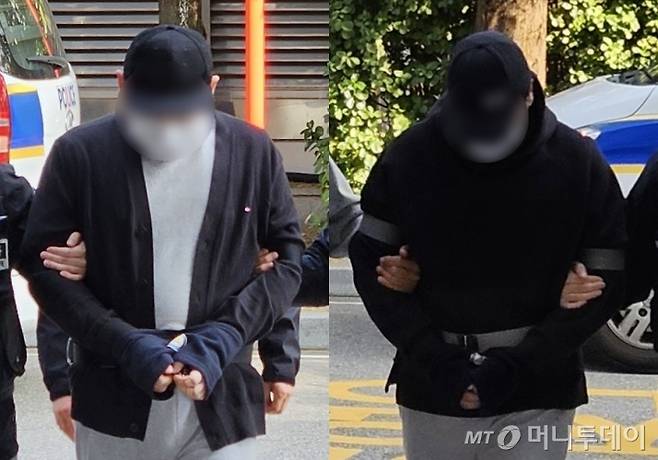 인천 송도국제도시 아파트 지하주차장에서 게임 유튜버 '수탉'을 납치해 살해하려 한 혐의를 받는 남성 2명이 지난해 10월 29일 오후 인천 미추홀구 인천지법에서 열린 구속 전 피의자 심문(영장실질심사)에 출석하고 있다./사진=뉴시스