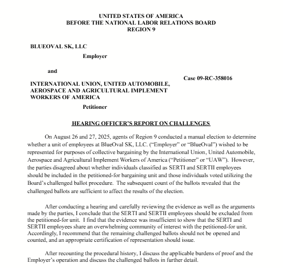 전미노동관계위원회(NLRB)가 블루오벌SK 켄터키 공장 노동자들의&nbsp;전미자동차노조(UAW) 가입 투표 결과가 정당하다는 판결을 발표했다. (사진=NLRB)