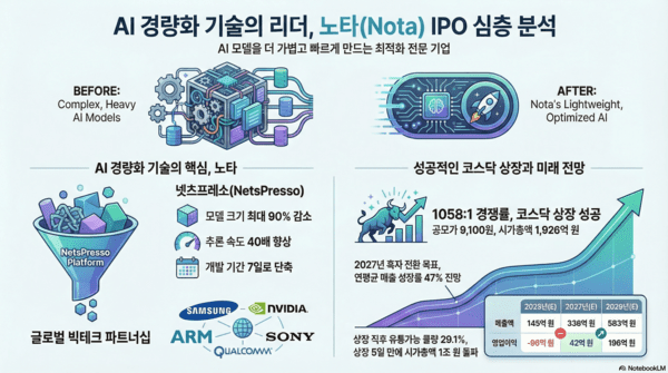 노타 기업 특징 및 IPO 개요 /생성형AI(노트북LLM)의 도움을 받아 시각화하고 기자가 최종 검토·확인해 제작한 그래픽입니다. 그래픽에 포함된 데이터와 내용은 기자가 직접 취재한 결과물입니다.